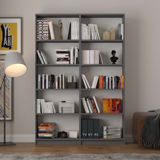 Asra Trend 5 Shelves 2 Modules Bookshelf Study Room Office Modern Decorative Bookshelf White Anthracite-Grey