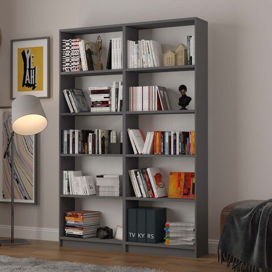 Asra Trend 5 Shelves 2 Modules Bookshelf Study Room Office Modern Decorative Bookshelf White Anthracite-Grey