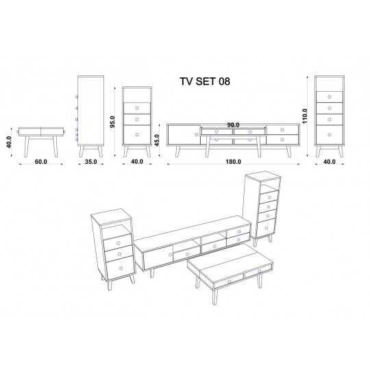 TV Group Teak & Metallic Grey & White